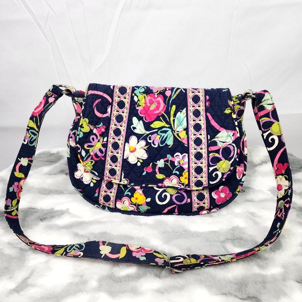 Vera Bradley Blue Floral Print Quilted Crossbody Purse Shoulder Bag w/ Pockets